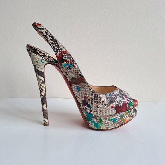 Christian Louboutin Python Leather Lady Peep Toe Platform Slingback Size 37.5 - Picture 5 of 16